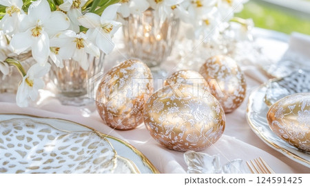 Luxury style Easter table setting with rose golden patterned Easter eggs for a festive celebration 124591425