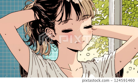 Young woman with wet hair after a hair shower 124591460