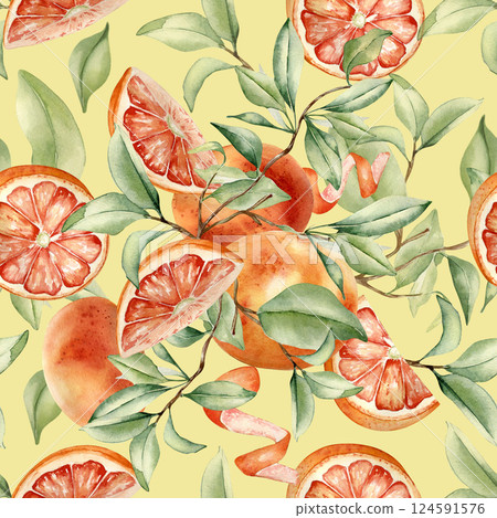 Vibrant summer repeated texture painted watercolor citrus fruits tree, red orange ripe, greenery branches for textile. Grapefruit foliage, whole and halves fruit on seamless pattern isolated. 124591576
