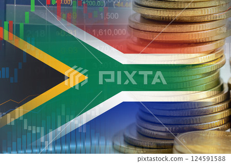 Stock market investment trading financial, coin and South Africa flag , finance business trend data. Stock market investment trading financial, coin and South Africa flag , finance business trend data. 124591588
