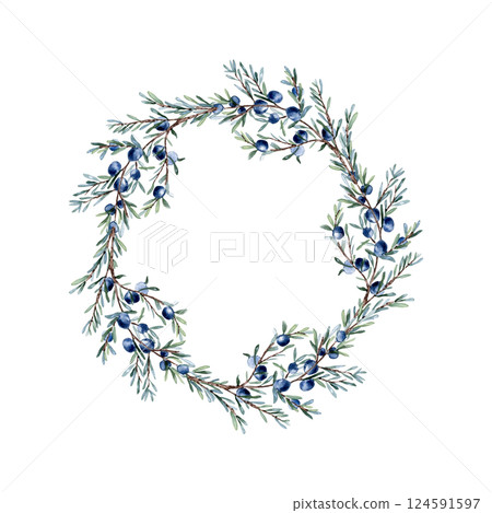 Juniper botanical sketch in watercolor with green needles and berries isolated frame. Artistic evergreen twig hand drawn in wreath for natural branding, perfume labels, packaging, and foliage design. 124591597