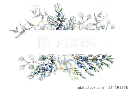 White camellia flowers and juniper twigs in delicate watercolor border isolated. Soft greenery hand drawn in muted tones for botanical wedding invitations. Elegant floral nature design frame. White camellia flowers and juniper twigs in delicate watercolor border isolated. Soft greenery hand drawn in muted tones for botanical wedding invitations. Elegant floral nature design frame. 124591598