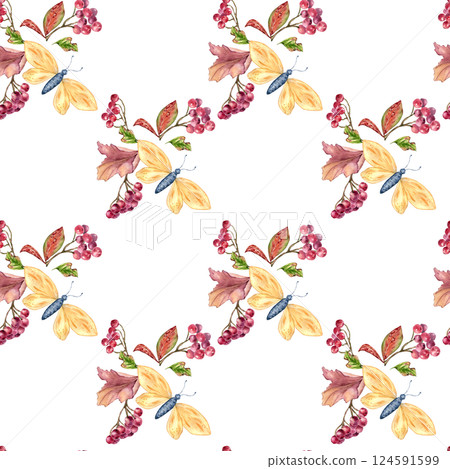 Seamless autumn pattern with red viburnum berries, rowan branches, and butterflies isolated. Botanical watercolor repeated texture with fall leaves hand drawn for textiles, rustic home decor. 124591599