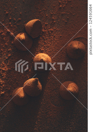 Chocolate truffles sprinkled with textured cocoa powder. On black surface background. Closeup, texture, copy space, dark color mood 124591664