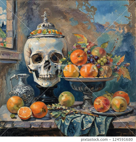 Still Life with Ornamental Skull and Colorful Autumn Fruits Arrangement Still Life with Ornamental Skull and Colorful Autumn Fruits Arrangement 124591680