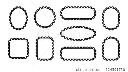 Frame scallop edge. Lace ornaments borders on squares, circles and rectangles. Set of vector black illustrations isolated on white background. 124591730