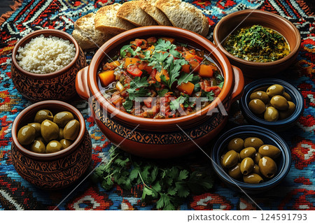 a Moroccan tagine served in its clay pot, accompanied by couscous, bread, and small bowls of olives and harissa, placed on a vibrant woven tablecloth with natural light a Moroccan tagine served in its clay pot, accompanied by couscous, bread, and small bowls of olives and harissa, placed on a vibrant woven tablecloth with natural light 124591793