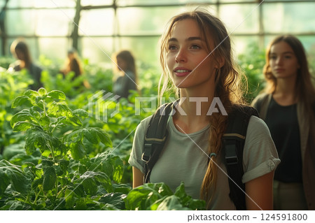 a woman supervising farmworkers in a greenhouse, explaining planting techniques, surrounded by rows of vibrant green plants and warm natural light streaming through the glass a woman supervising farmworkers in a greenhouse, explaining planting techniques, surrounded by rows of vibrant green plants and warm natural light streaming through the glass 124591800