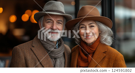 an elegant senior couple dressed in matching outfits, posing together in a bright urban setting, empty right side for copy space, natural daylight 124591802
