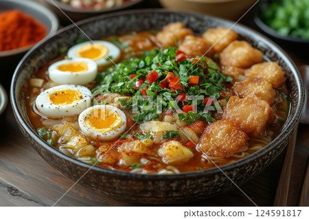 a rare Burmese mohinga, a fish-based noodle soup garnished with boiled eggs, crispy fritters, and herbs, served in a handcrafted bowl with vibrant spices on the side, warm natural lighting 124591817