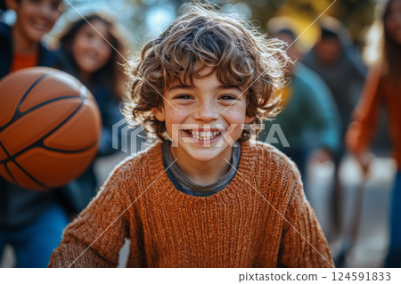 a child with crutches playing basketball with friends, energetic outdoor scene, bright sunny day, smiling faces all around 124591833