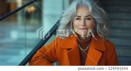 a fashionable senior woman in a long coat and statement jewelry, posing confidently on a staircase, empty right side for copy space, bright overcast light 124591834