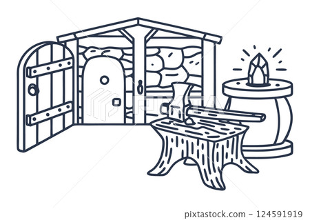 medieval forge and workshop with anvil, hammer, and magic crystal enchantment, AI Generative medieval forge and workshop with anvil, hammer, and magic crystal enchantment, AI Generative 124591919