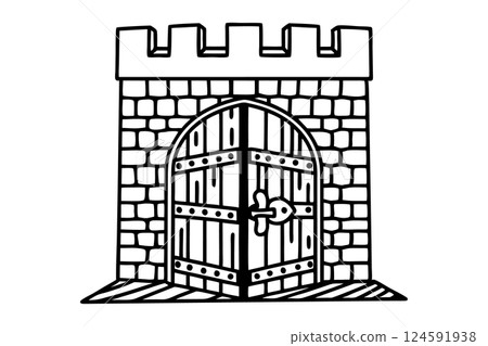 Medieval castle gate illustration wooden doors, stone wall, fortress entry with lock, AI Generative Medieval castle gate illustration wooden doors, stone wall, fortress entry with lock, AI Generative 124591938