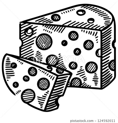 Sliced swiss cheese illustration retro, cheese wedge, circular holes, dairy, vintage, AI Generative 124592011
