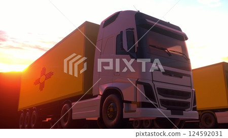 Cargo trucks with New Mexico state, USA flag. 3d illustration Cargo trucks with New Mexico state, USA flag. 3d illustration 124592031