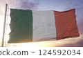 Ireland politics and news concept. Ireland national flag on sky background. 3d illustration 124592034