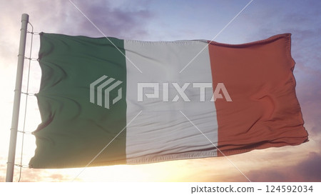 Ireland politics and news concept. Ireland national flag on sky background. 3d illustration Ireland politics and news concept. Ireland national flag on sky background. 3d illustration 124592034