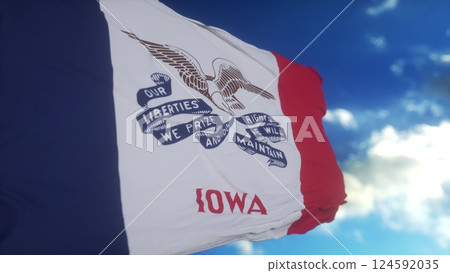 Iowa flag on a flagpole waving in the wind in the sky. State of Iowa in The United States of America. 3d illustration Iowa flag on a flagpole waving in the wind in the sky. State of Iowa in The United States of America. 3d illustration 124592035