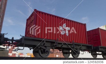 Containers with the flag of Hong Kong. Railway transportation. 3d illustration 124592036
