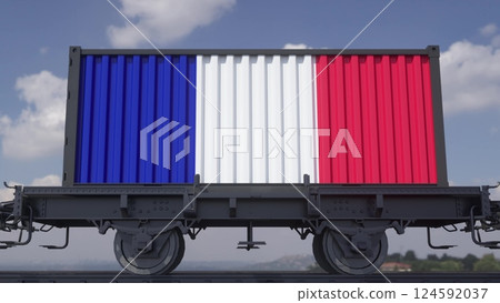 Train and containers with the flag of France. Railway transportation. 3d illustration Train and containers with the flag of France. Railway transportation. 3d illustration 124592037