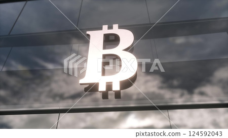 Bitcoin currency sign on a modern glass skyscraper. 3d illustration Bitcoin currency sign on a modern glass skyscraper. 3d illustration 124592043