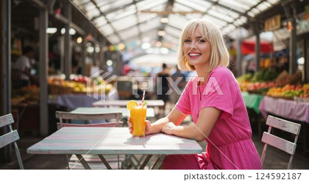 Young woman drinking a cocktail at a cafe table 124592187