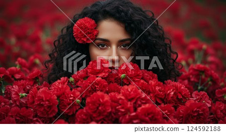 Portrait of a dark-haired woman surrounded by red flowers 124592188