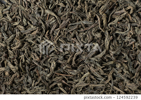 Macro Large Leaf Black Ceylon Tea Top View 124592239