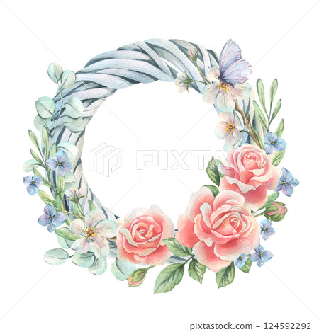 Spring wreath made of vine with flowers roses, hydrangea, apple tree and butterfly. Watercolor illustration hand drawn in soft pastel colors. Round frame, wreath, template isolated from background. 124592292