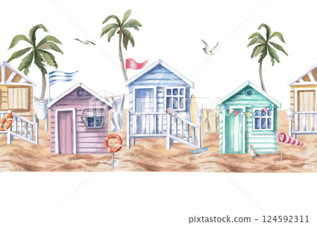 Seamless border with beach houses on sand and palm trees. Isolated watercolor illustration on holiday theme for seaside restaurant design, menu, fabric print and posters Seamless border with beach houses on sand and palm trees. Isolated watercolor illustration on holiday theme for seaside restaurant design, menu, fabric print and posters 124592311