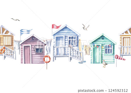 Seamless border with beach houses. Isolated watercolor illustration on holiday theme for seaside restaurant design, menu, fabric print and posters. 124592312