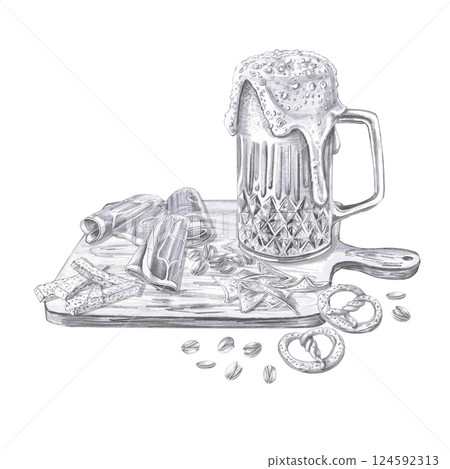 Mug of foamy beer on a wooden board with various snacks. Isolated pencil illustration for pub design, menu, cookbooks, signs. 124592313