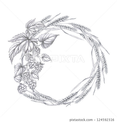Round frame with barley ears and hop branch. Isolated pencil illustration in realistic style for interior design of pubs, restaurants, cookbooks, menus. 124592316