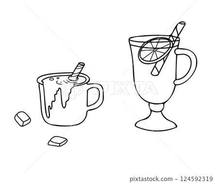 Set of hot autumn or winter Drinks. Mug of hot Chocolate with chocolate bars and Mulled wine glass or gluhwein isolated on a background. Vector Hand drawn illustration in Doodle style. Perfect for Set of hot autumn or winter Drinks. Mug of hot Chocolate with chocolate bars and Mulled wine glass or gluhwein isolated on a background. Vector Hand drawn illustration in Doodle style. Perfect for 124592319
