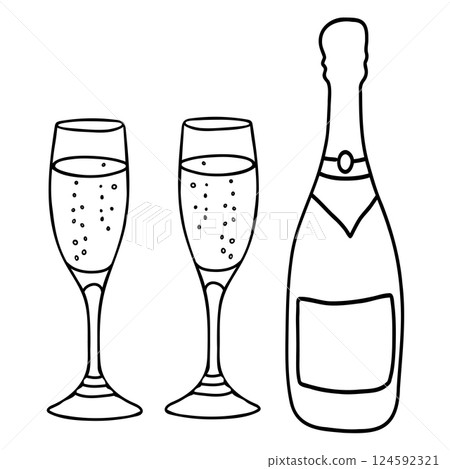 Champagne or Sparkling Wine Glass and Bottle in doodle style. Vector minimalistic illustration isolated on white background. Doodle style. Line art. Champagne or Sparkling Wine Glass and Bottle in doodle style. Vector minimalistic illustration isolated on white background. Doodle style. Line art. 124592321
