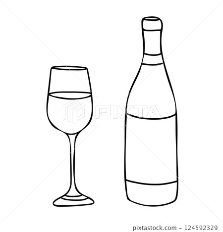 White Wine Bottle and Glass. Hand drawn Vector illustration, line art. Alcohol Beverage Glassware in Doodle style. For Bar menu, logo, cards or poster design. White Wine Bottle and Glass. Hand drawn Vector illustration, line art. Alcohol Beverage Glassware in Doodle style. For Bar menu, logo, cards or poster design. 124592329