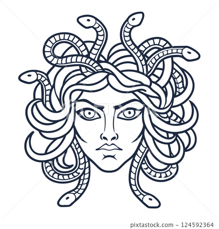 Medusa illustration with snake hair, mythological gorgon art, AI Generative 124592364