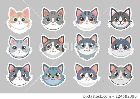 Cute cat face stickers set. Collection of adorable cat faces. Illustration. 124592396