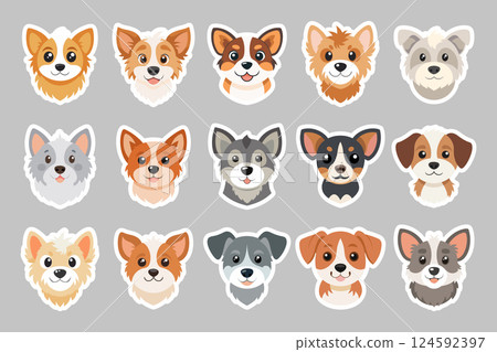Cute dog face stickers set. Collection of adorable dog faces. Illustration. Cute dog face stickers set. Collection of adorable dog faces. Illustration. 124592397