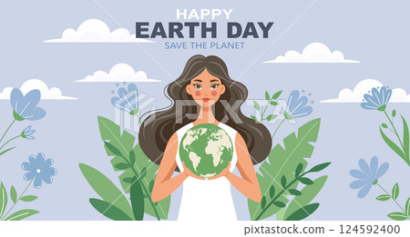 Happy Earth Day greeting card with young woman holding planet earth. Illustration. 124592400