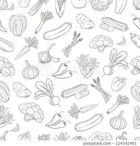 Vegetables seamless pattern on white background. Hand drawn illustration in doodle style. Vegetables seamless pattern on white background. Hand drawn illustration in doodle style. 124592401
