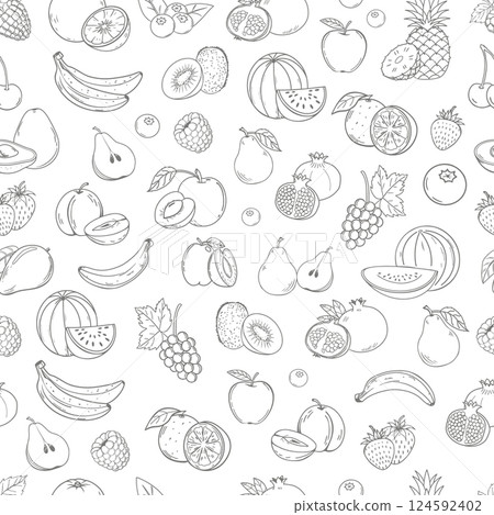 Fruits seamless pattern on white background. Hand drawn illustration in doodle style. Fruits seamless pattern on white background. Hand drawn illustration in doodle style. 124592402