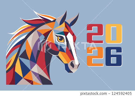 Happy New Year background with geometric polygonal silhouette of horse head. Year of the Horse. Greeting card. Illustration. Happy New Year background with geometric polygonal silhouette of horse head. Year of the Horse. Greeting card. Illustration. 124592405