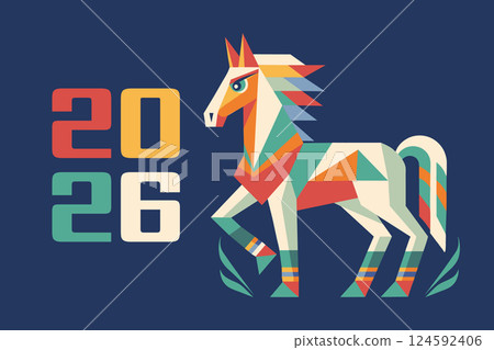 Happy New Year background with a geometric polygonal horse silhouette. Year of the Horse. Greeting card. Illustration. Happy New Year background with a geometric polygonal horse silhouette. Year of the Horse. Greeting card. Illustration. 124592406