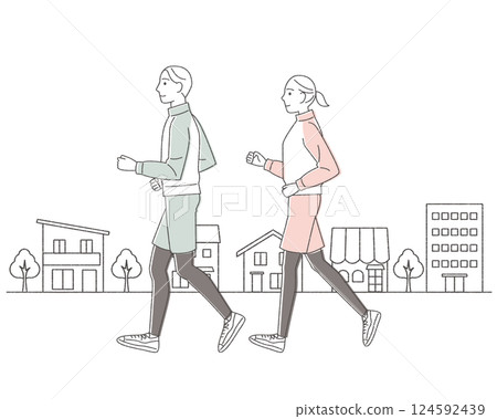Jogging man and woman couple running hand drawn style 124592439