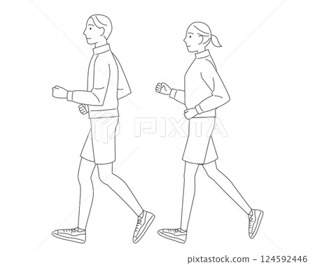 慢跑男女情侶跑步線描 124592446