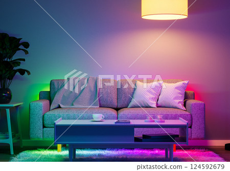 a modern living room with ambient LED lighting and comfortable furniture. 3D render 124592679