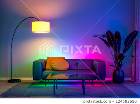 a modern living room with ambient LED lighting and comfortable furniture. 3D render a modern living room with ambient LED lighting and comfortable furniture. 3D render 124592680