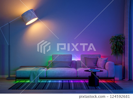 a modern living room with ambient LED lighting and comfortable furniture. 3D render a modern living room with ambient LED lighting and comfortable furniture. 3D render 124592681